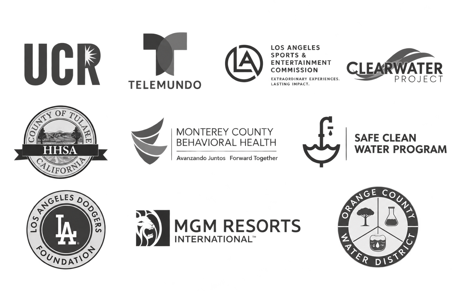 Logos of selected clients and partners including UCR, Telemundo, LA Sports & Entertainment Commission, ClearWater Project, County of Tulare HHSA, Monterey County Behavioral Health, Safe Clean Water Program, LA Dodgers Foundation, MGM Resorts International and Orange County Water District